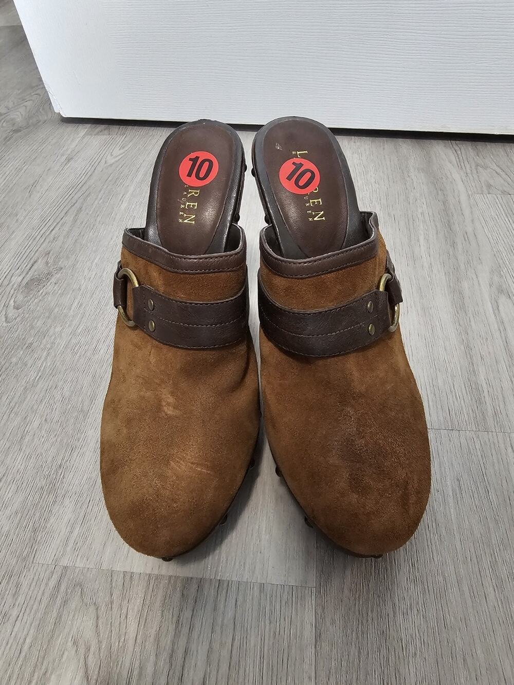 LAUREN RALPH LAUREN Brown SUEDE Mules Slip On Buckle Comfort Clogs HEELS 10